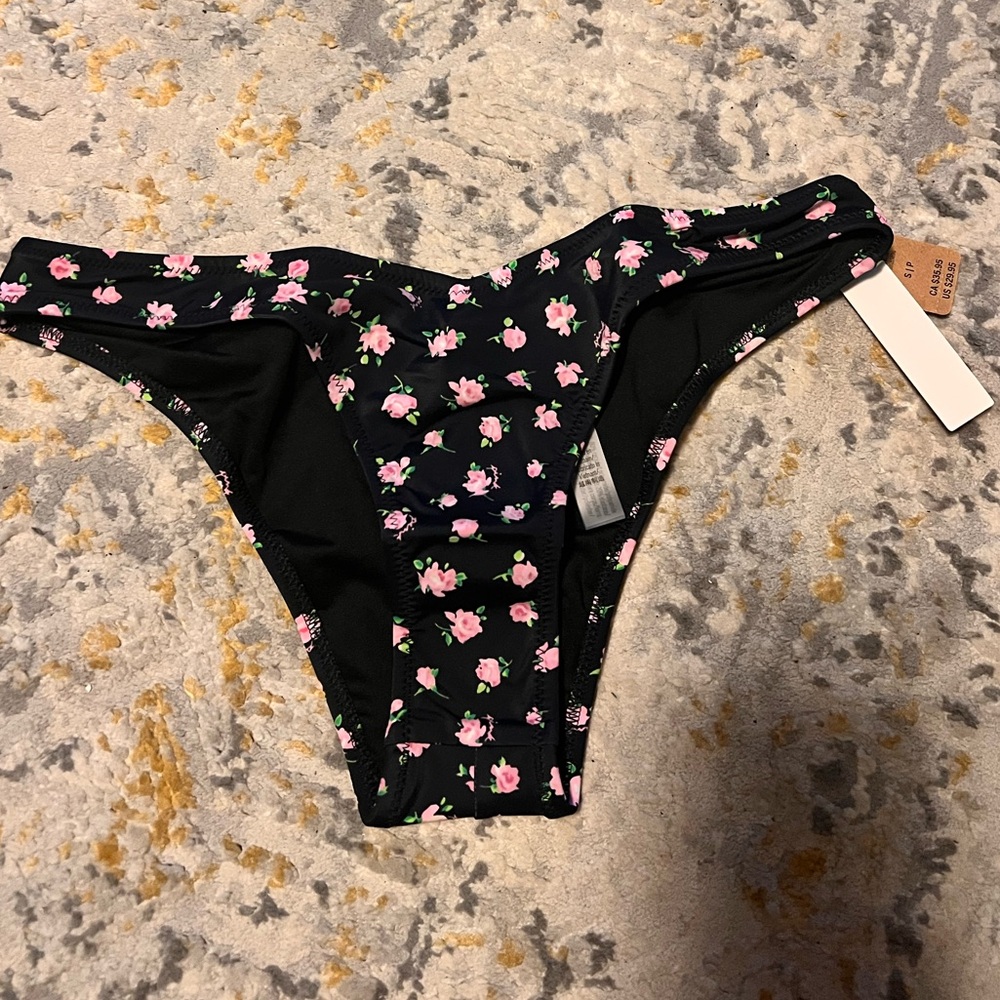 NWT PINK Victoria's Secret Black cheeky Bikini Bottom with Pink Floral Print.